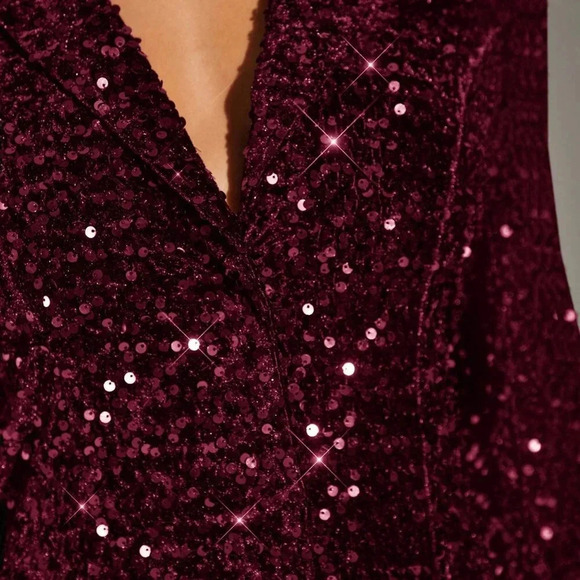 Burgundy Party Women's Lapel Sequin Embellished Long Sleeve Blazer - Picture 4 of 6